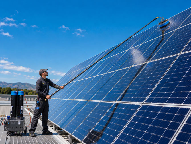 operario limpieando unas placas solares con una pertiga y una maquina ionic en Barcelona