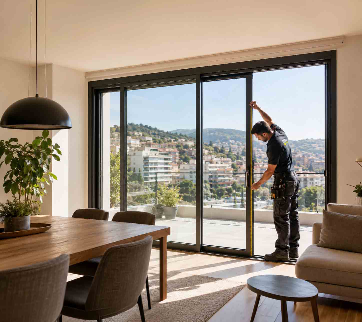 Técnico instalando unas ventanas de aluminio en Esplugues de Llobregat
